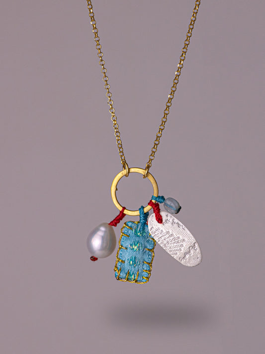 Χειροποίητο επίχρυσο κολιέ από καθαρό ασήμι με μαργαριτάρι και ορυκτούς ημιπολύτιμους λίθους