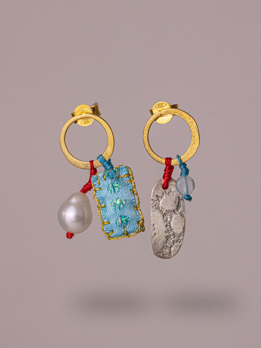 Χειροποίητα επίχρυσα σκουλαρίκια από καθαρό ασήμι με μαργαριτάρι και ορυκτούς ημιπολύτιμους λίθους