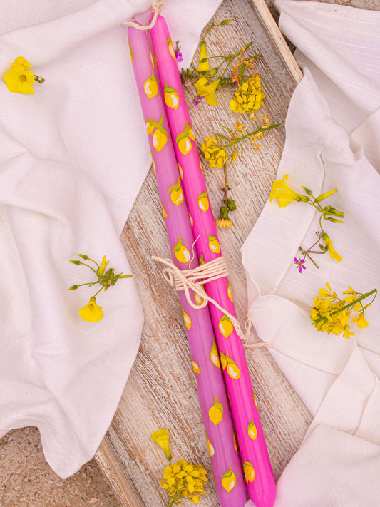 Σετ με 2 χειροποίητες λαμπάδες με λεμονάκια,  ζωγραφιστές στο χέρι από το Simoon.